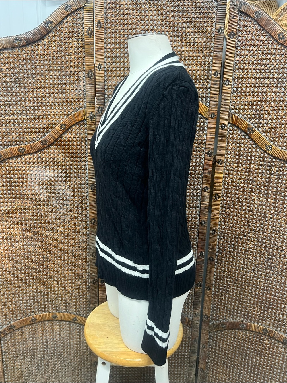 Lauren Ralph Lauren black white v neck sweater PL preppy cotton cable knit - Picture 9 of 11